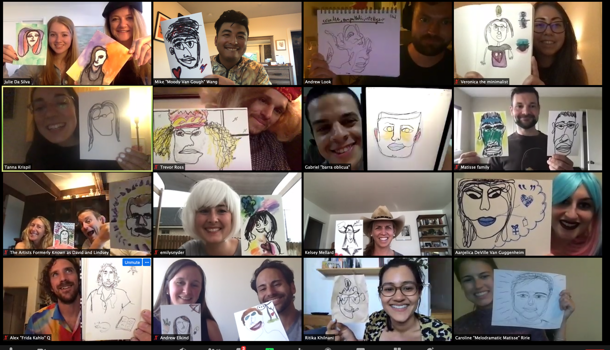 At one of the team happy hours, an artist taught the Sitka team how to create one-line drawings as self portraits